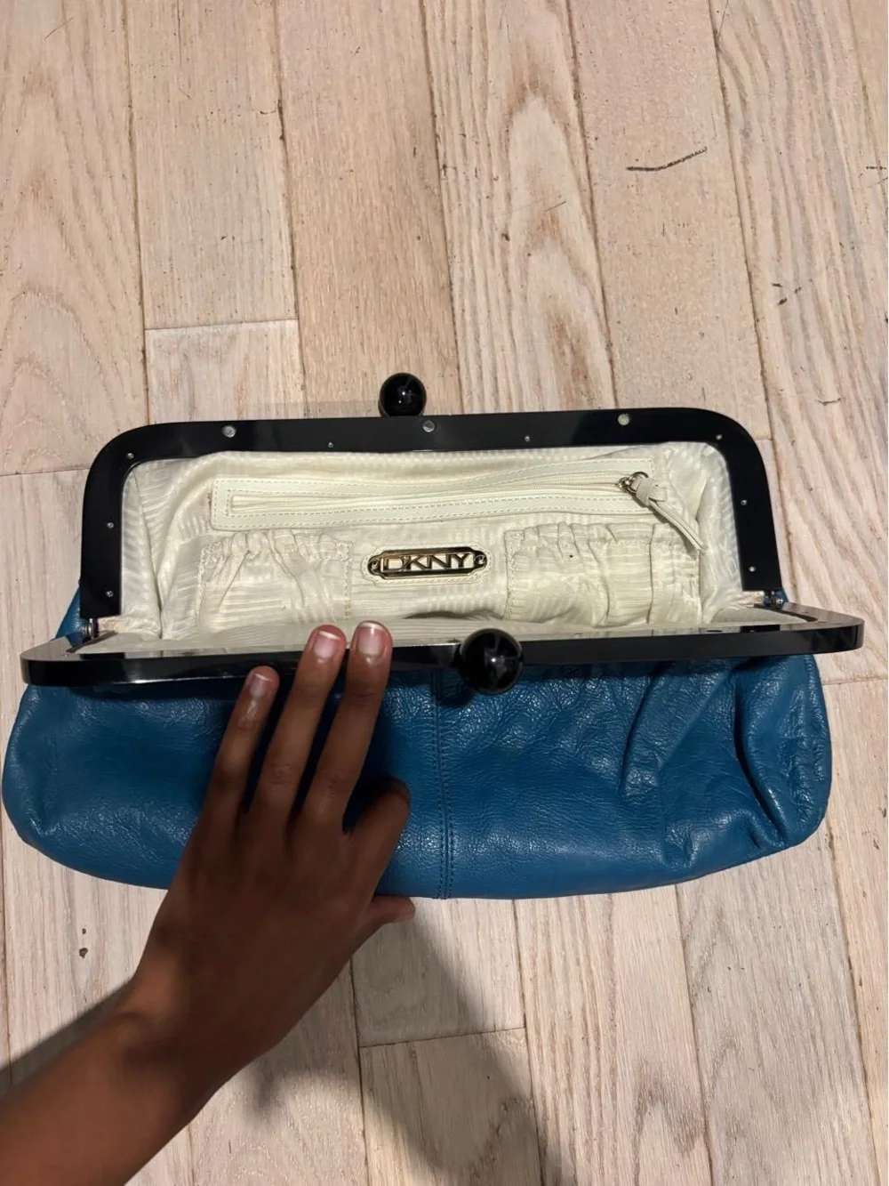 DKNY Blue Leather Kiss-Lock Clutch Wristlet